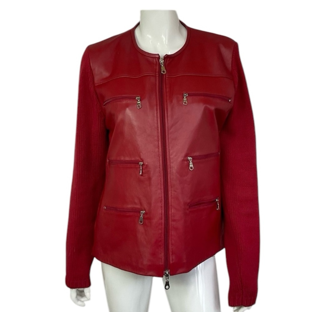 Maurice Sasson Vintage Red Front Zip Pockets Leather Sweater Jacket Size L